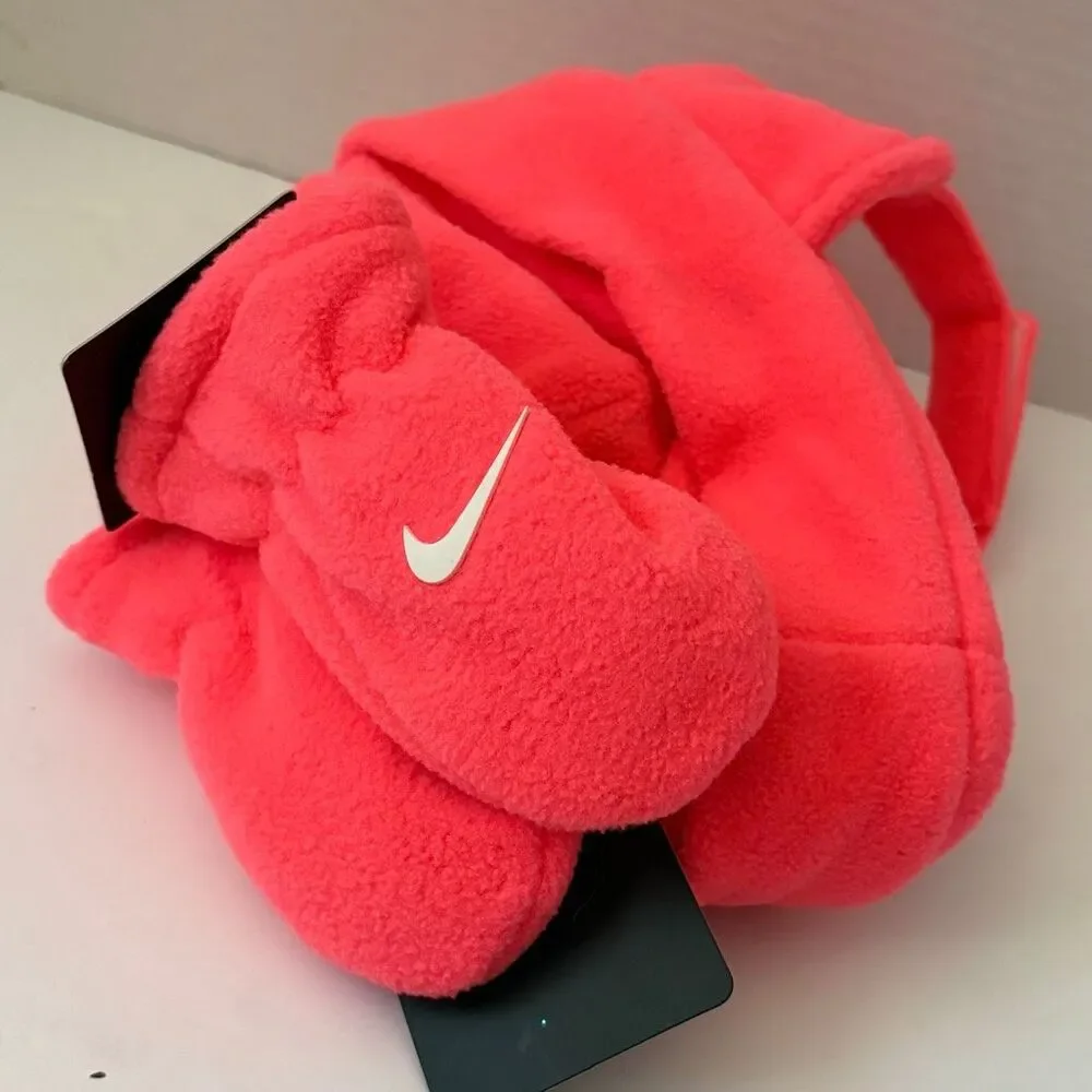 Nike Baby Infant Size Fleece Chin Strap Trapper Hat and Mittens 2 Piece Set Pink